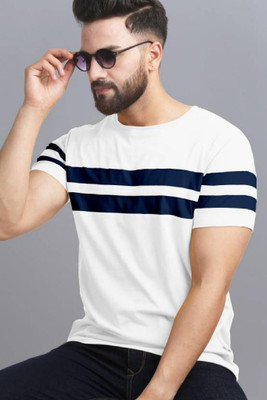 ALPHINE Striped Men Round Neck White T-Shirt