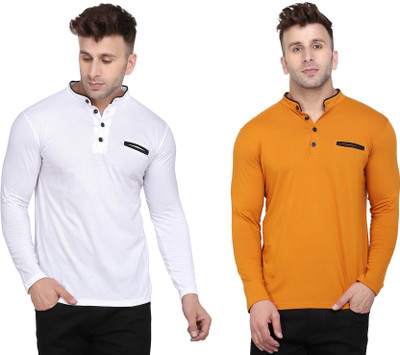 GEUM Solid Men Mandarin Collar White, Gold T-Shirt