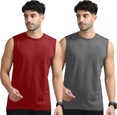Jangoboy Solid Men Round Neck Maroon, Grey T-Shirt
