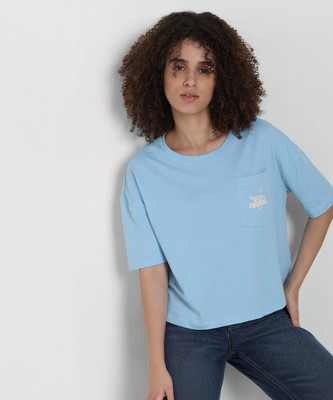 ONLY Solid Women Round Neck Light Blue T-Shirt