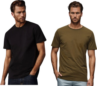 BlueFicus Solid Men Round Neck Black, Green T-Shirt