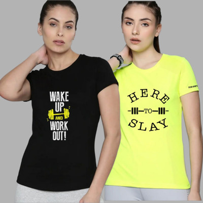 SPOWEARY Typography Women Round Neck Light Green, Black T-Shirt
