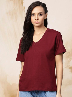 CORSICA Solid Women V Neck Maroon T-Shirt