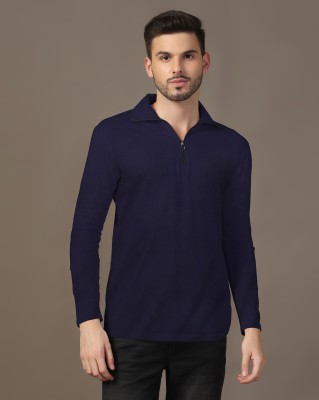 Blisstone Solid Men Polo Neck Navy Blue T-Shirt