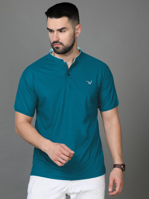 MENTIFIC Solid Men Mandarin Collar Dark Blue T-Shirt