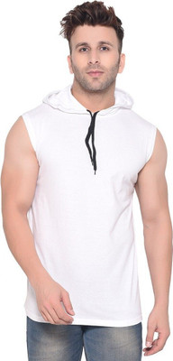 GEUM Solid Men Hooded Neck White T-Shirt