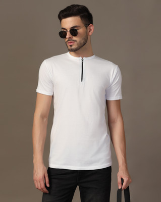 GEUM Solid Men Henley Neck White T-Shirt