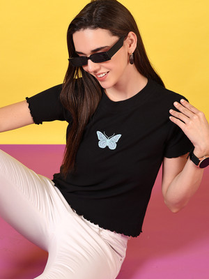 V-MART Printed Women Round Neck Black T-Shirt