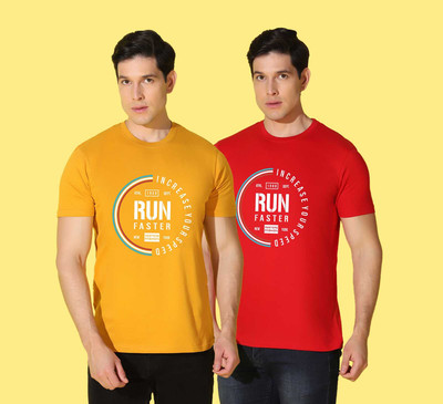 WOOSTRO Printed Men Round Neck Yellow, Red T-Shirt