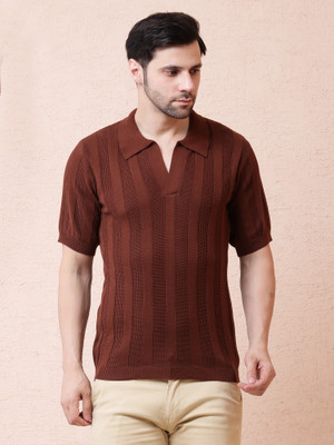 NOQUO Striped Men Polo Neck Brown T-Shirt
