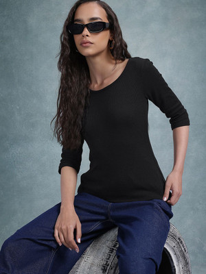 Roadster Solid Women Round Neck White T-Shirt