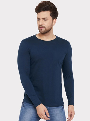 OrrganicChics Solid Men Round Neck Navy Blue T-Shirt
