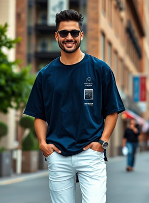 UrGear Printed Men Round Neck Navy Blue T-Shirt