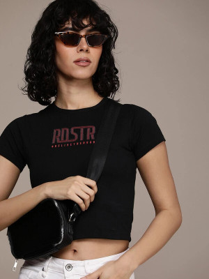 Roadster Printed Women Round Neck Black T-Shirt