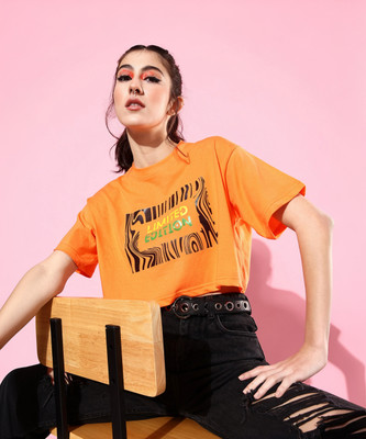 ANVI Be Yourself Typography Women Round Neck Reversible Orange T-Shirt