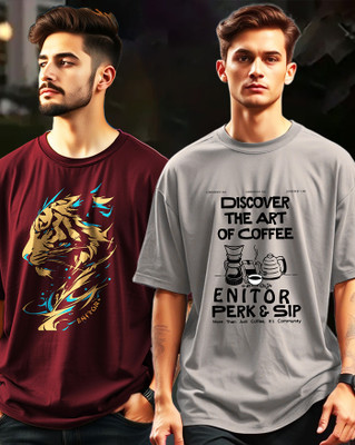 AOOSH Graphic Print Men Round Neck Grey, Maroon T-Shirt