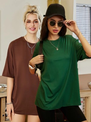 SYDNEY HILLS Printed Women Round Neck Brown, Dark Green T-Shirt