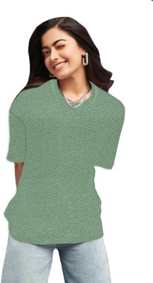 THE BLAZZE Solid Women V Neck Light Green T-Shirt