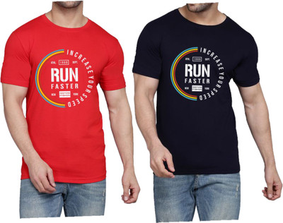 WOOSTRO Printed Men Round Neck Red, Dark Blue T-Shirt