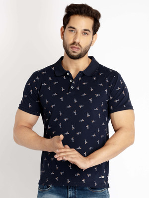 Status Quo Printed Men Polo Neck Navy Blue T-Shirt