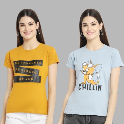 DreamBe Graphic Print Women Round Neck Light Blue, Yellow T-Shirt