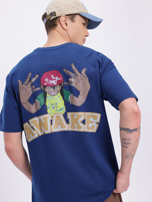 Glitchez Printed Men Round Neck Blue T-Shirt