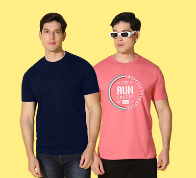 WOOSTRO Printed, Solid Men Round Neck Blue, Pink T-Shirt