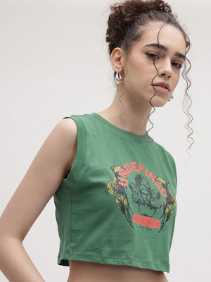 Roadster Printed Women Round Neck Green T-Shirt