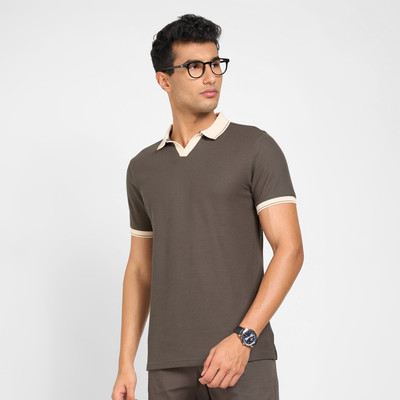 Peregrine by Pantaloons Striped Men Polo Neck Brown T-Shirt