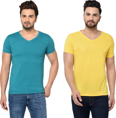 Adorbs Trend Solid Men V Neck Light Blue, Yellow T-Shirt
