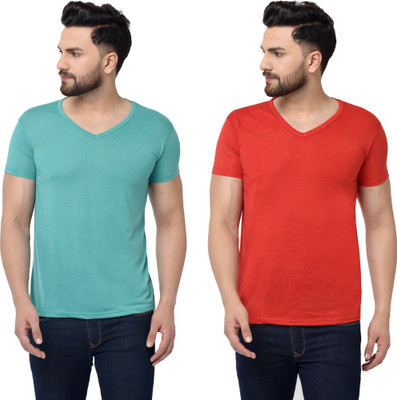 Tresna Fab Solid Men V Neck Red, Light Green T-Shirt