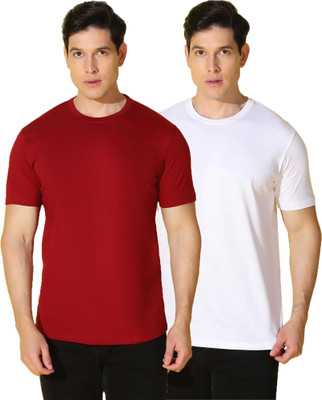WOOSTRO Solid Men Round Neck Red, White T-Shirt