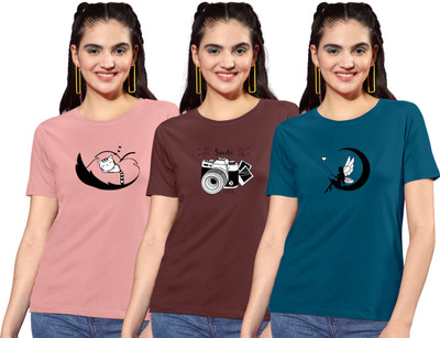 ZentWorld Graphic Print Women Round Neck Beige, Brown, Dark Blue T-Shirt