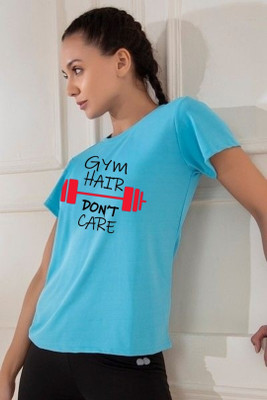 SPOWEARY Printed Women Round Neck Light Blue T-Shirt