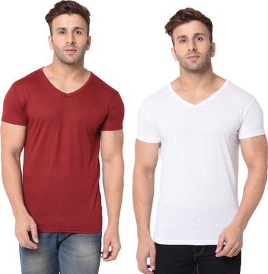 JB Jangoboy Solid Men V Neck White, Maroon T-Shirt