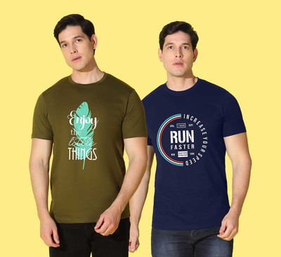 WOOSTRO Graphic Print, Typography, Solid Men Round Neck Dark Green, Blue T-Shirt