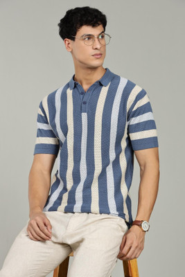 Color Hunt Striped Men Polo Neck Blue T-Shirt