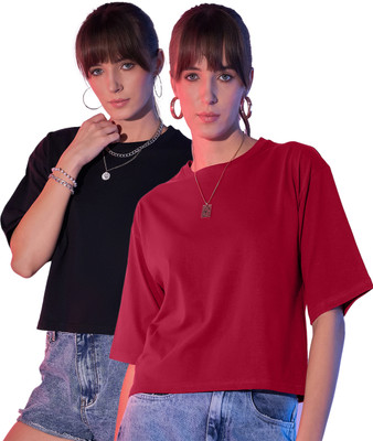 BuyNewTrend Solid Women Round Neck Black, Maroon T-Shirt