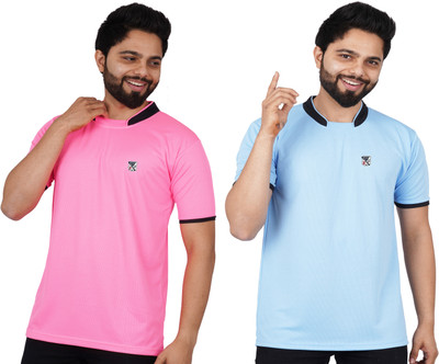 La Milano Solid Men Round Neck Light Blue, Pink T-Shirt