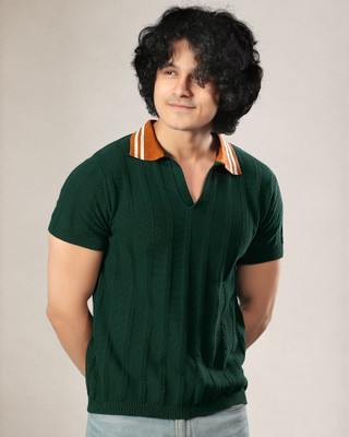 SaintArebian Self Design Men Polo Neck Dark Green T-Shirt