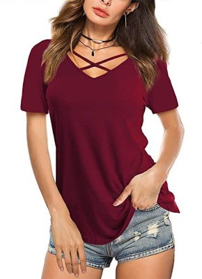 Boldwink Solid Women V Neck Brown T-Shirt