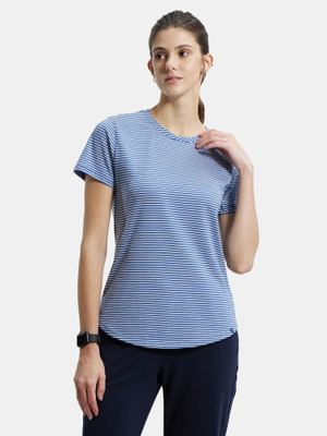 JOCKEY Striped Women Round Neck Blue T-Shirt