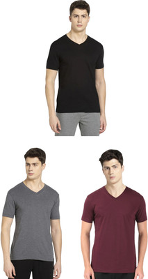 JOCKEY Solid Men V Neck Black, Grey, Maroon T-Shirt