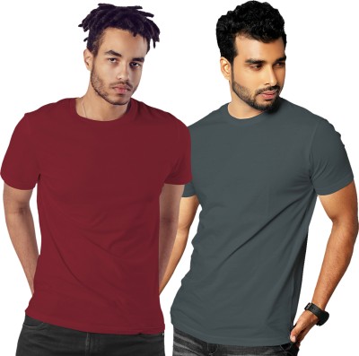 FADMARK Solid Men Round Neck Maroon, Grey T-Shirt