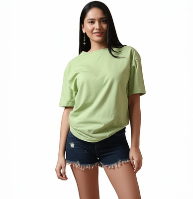 MOJILO Solid Women Round Neck Reversible Light Green T-Shirt