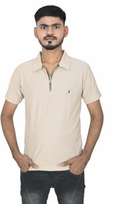 Turtlebay Clothing Solid Men Polo Neck Beige T-Shirt