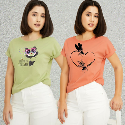 Lecowar Printed Women Round Neck Green, Pink T-Shirt