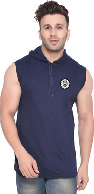 GEUM Printed Men Hooded Neck Dark Blue T-Shirt