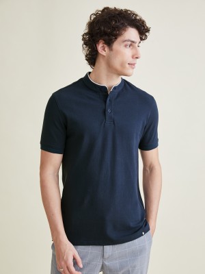 The Souled Store Solid Men Mandarin Collar Navy Blue T-Shirt