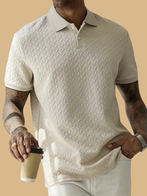 The Modern Soul Self Design Men Polo Neck Beige T-Shirt